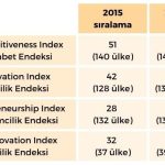 2015 2019-2020 Global Competitiveness Index1 /Küresel Rekabet Endeksi 51. sıra (140 ülke) 61. sıra (141 ülke, 2019) Global Innovation Index2 /Küresel Yenilik Endeksi 42 genel (128 ülke) 41 genel (132 ülke, 2020) Global Entrepreneurship Index3 /Küresel – 1