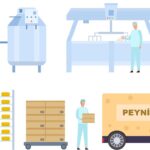 Flat cheese production manufacture factory with workers. Dairy product form process stages line. Cheese making machinery vector infographic